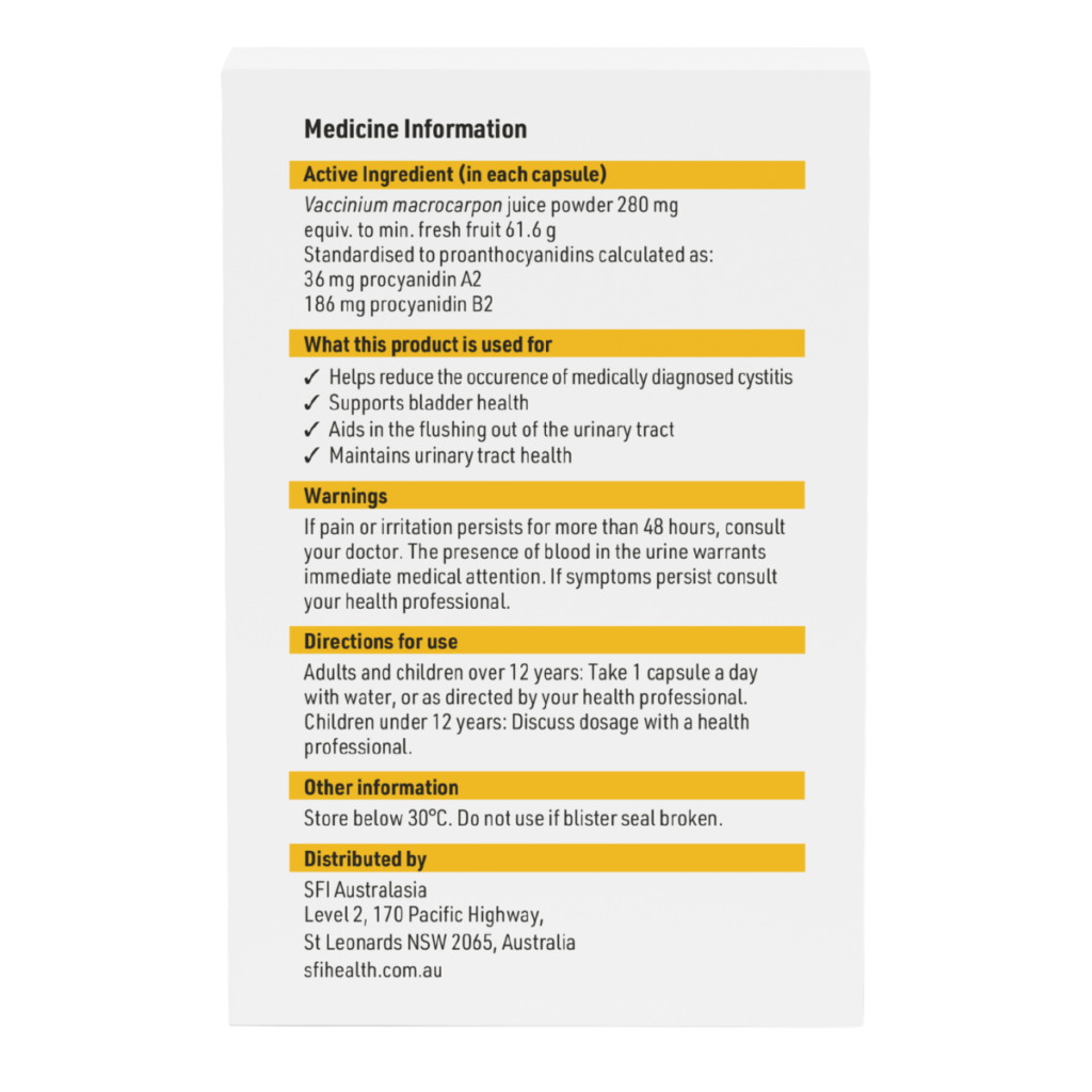 Elurex 36 urinary tract support - back of carton
