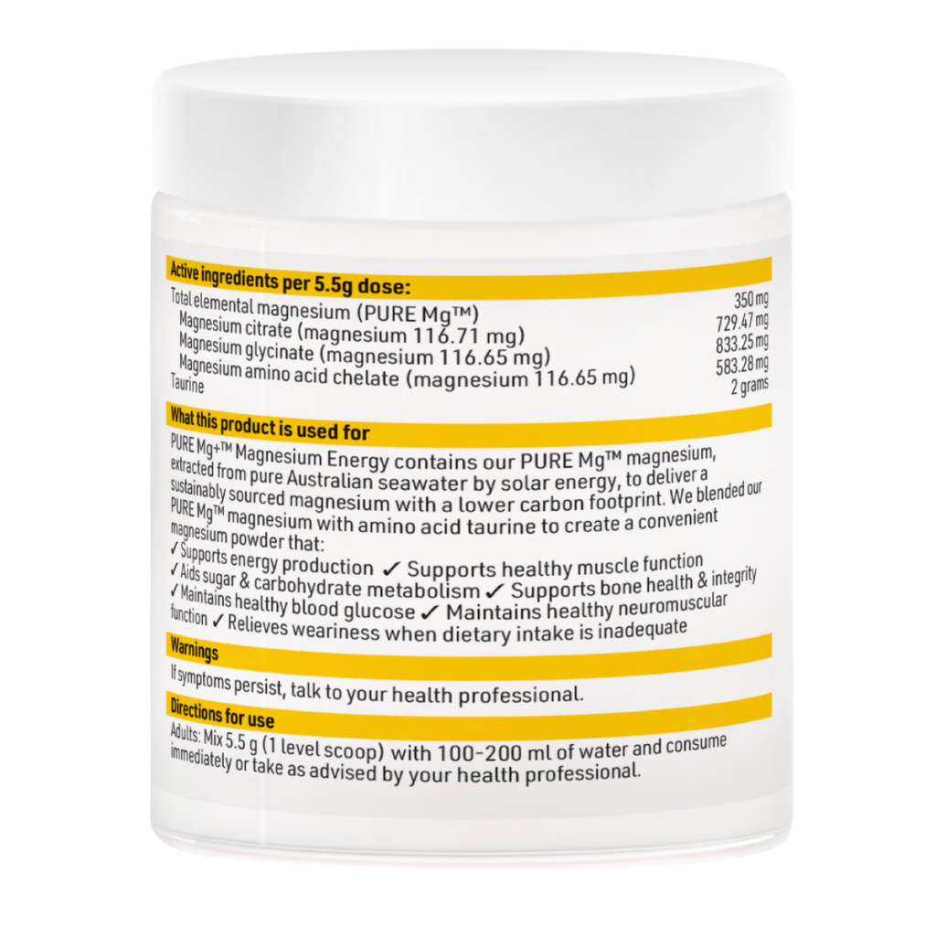 PURE Mg+ Magnesium Energy back of pack